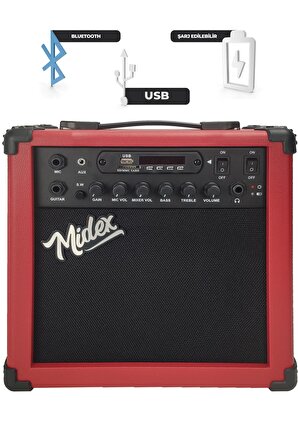 Midex MGA-25RD Elektro Gitar Amfisi 25 Watt USB Bluetooth Şarjlı 2 Girişli